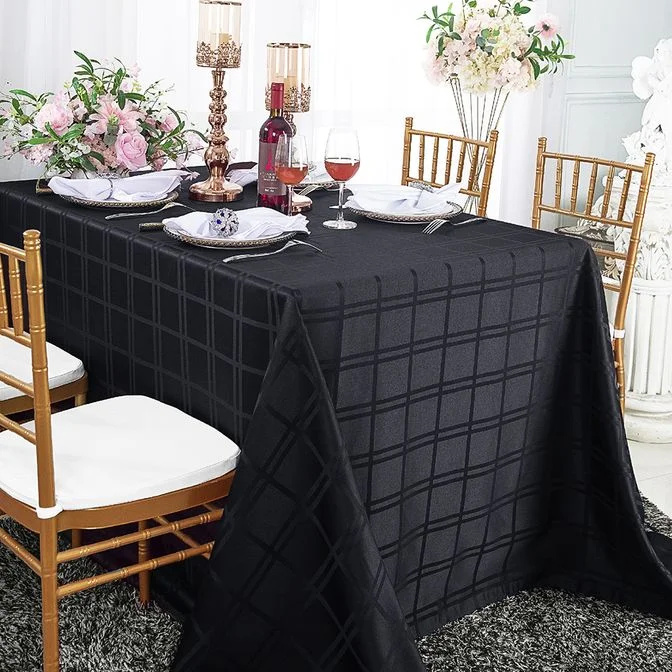 90"x132" Seamless Rectangular Plaid Jacquard Polyester (220 GSM) Tablecloth - Black (1pc)