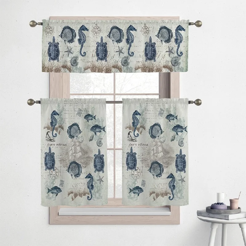 Laural Home Seaside Postcard 36" Kitchen Curtain Valance and Tiers Set