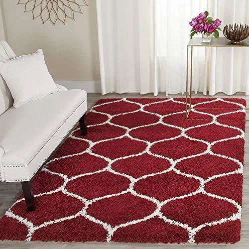 OM Carpet Super Modern Shag, Silky Smooth Rugs Fluffy Rugs Anti-Skid Shaggy Carpet for Home, Living Room, Drawing Room, Main Hall, Carpet for Bed Room (Red + Ivory, 5X7 ft)