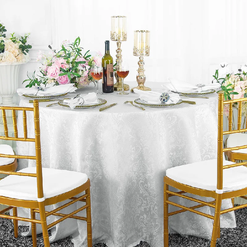 90" Seamless Round Floral Damask Jacquard Polyester (220 GSM) Tablecloth - White (1pc)