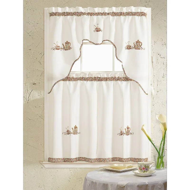 RT Designers Collection Grand Coffee Embroidered Kitchen Curtain Tier Set