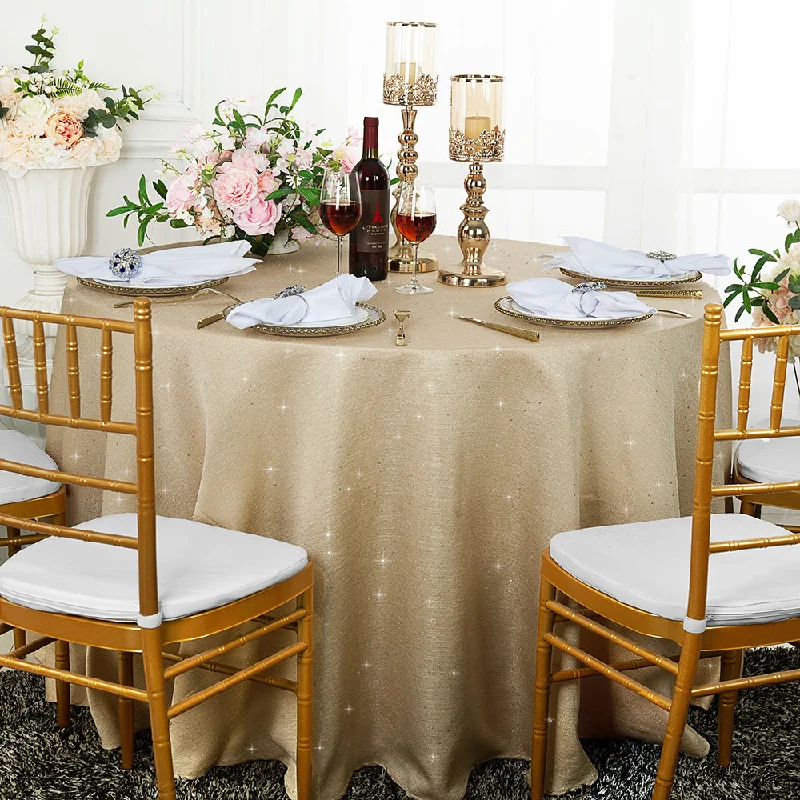 120" Seamless Round Sequin Paillette Poly Flax/Burlap Tablecloth - Champagne (1pc)