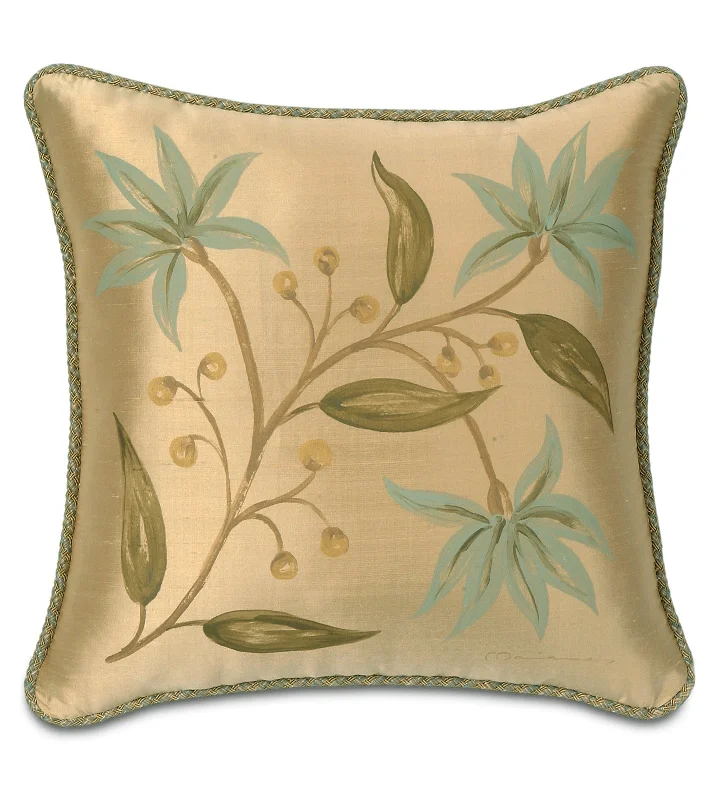 Blue Hand-Painted Lotus Throw Pillow Cover 18x18