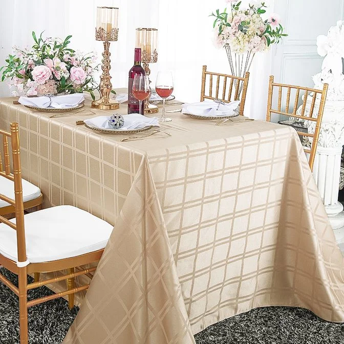 90"x132" Seamless Rectangular Plaid Jacquard Polyester (220 GSM) Tablecloth - Champagne (1pc)