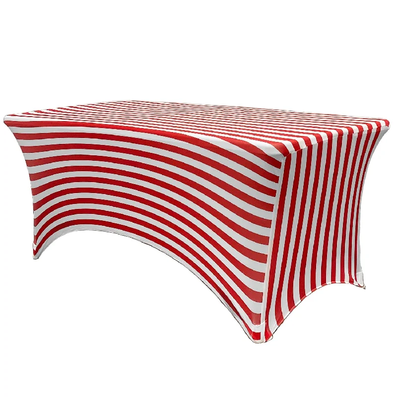 Stretch Spandex 4 ft Rectangular Table Cover Red and White Striped