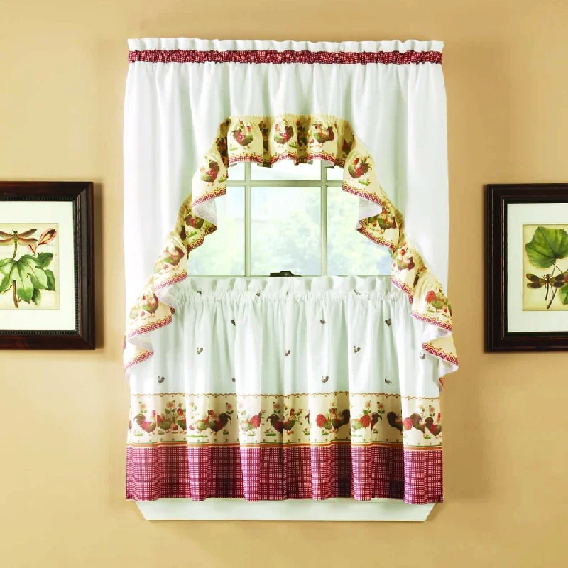 Red Rooster Rod Pocket 3-piece Valance Tier Set - White