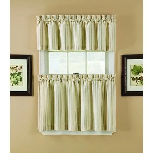 Regatta Stripe Cotton Rod Pocket Curtain Tier Set - Sage