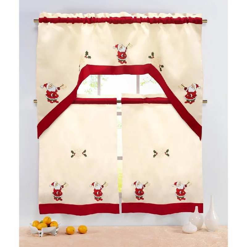 Holiday Santa Embroidered Sheer 3-Piece Kitchen Tier Set - 60 x 72 - 60 x 72