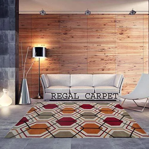 Regal Carpet Embossed Carved Handmade Tuffted Woollen Thick Geometrical Carpet for Living Room Bedroom Home Size 3 x 5 feet (90X150 cm) Ivory & Orange Multi