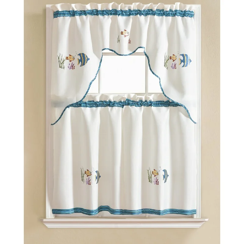 RT Designers Collection Grand Fish Embroidered Kitchen Curtain Tier Set