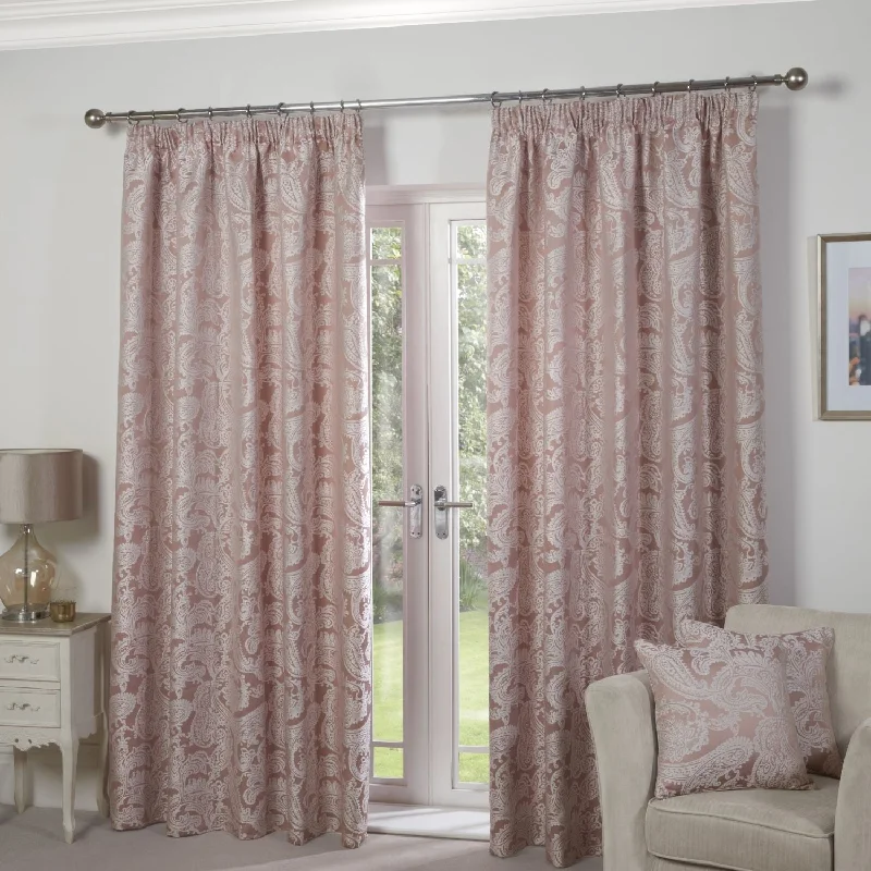 Duchess Blush Pink Lined Pencil Pleat Jacquard Velvet Curtains