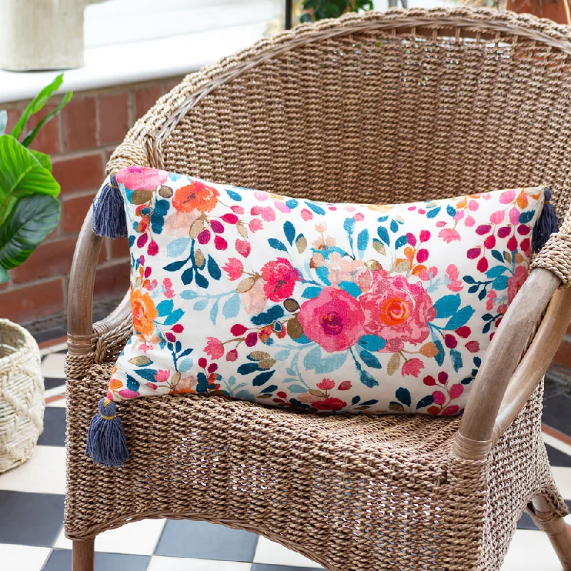 Posies Floral Tasselled Cushion Blue/Pink