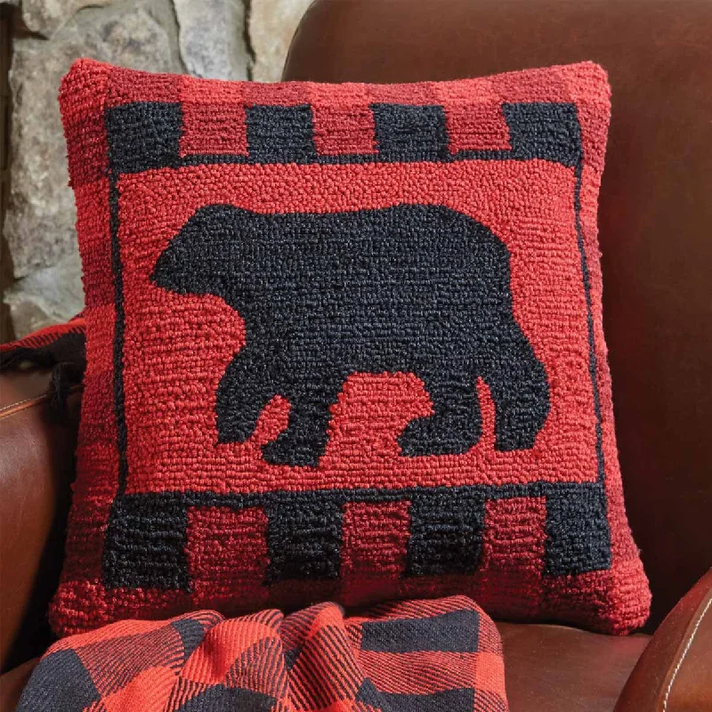 Buffalo Check Bear Hooked Pillow Down Feather Fill 18"x18" - Park Designs