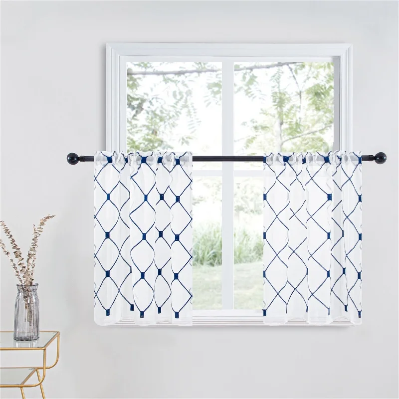 Topfinel Diamond Embroidered Rod Pocket Sheer Kitchen Curtains (Set of 2)