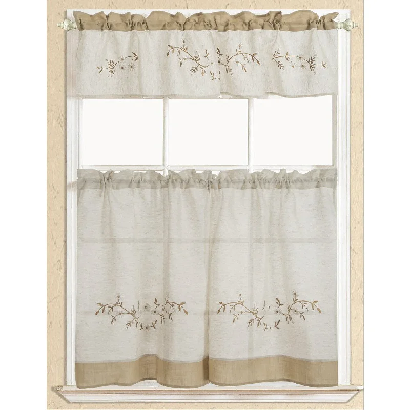 RT Designers Collection Rustic Embroidered Floral Tier and Valance Kitchen Curtain Set