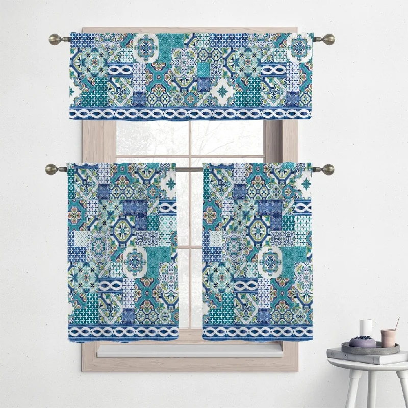 Laural Home Callisto Tiles 36" Kitchen Curtain Valance and Tiers Set