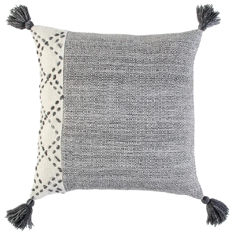 20" Gray and Ivory Herringbone Cotton Throw Pillow With Tassels