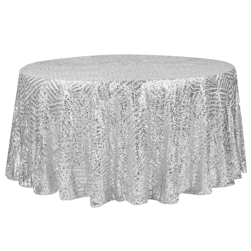 Geometric Glitz Art Deco Sequin Tablecloth 132" Round - Silver