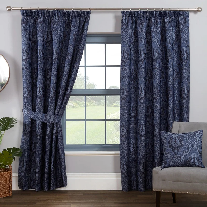 Tegola Navy Blue Luxury Jacquard Pencil Pleat Curtains