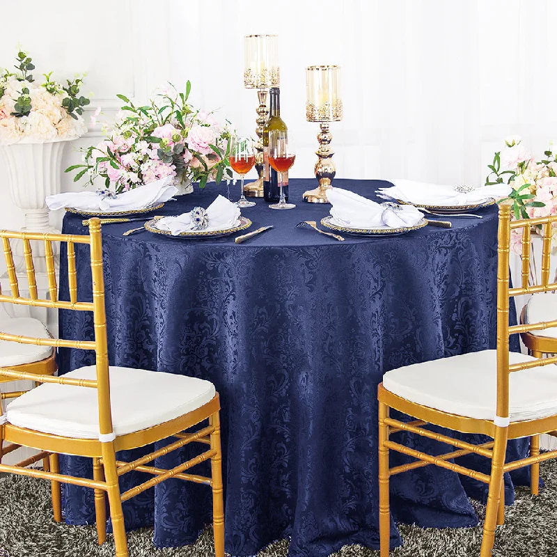 120" Seamless Round Floral Damask Jacquard Polyester (220 GSM) Tablecloth- Navy Blue (1pc)