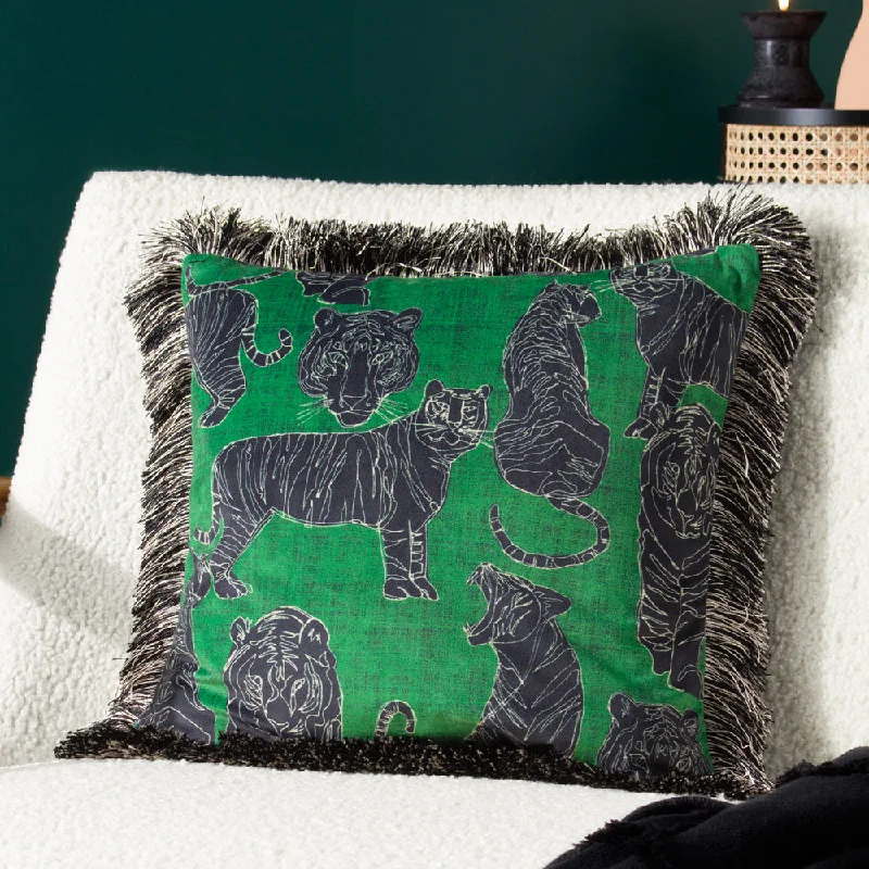 Wildcat Velvet Fringed Cushion Jungle Green