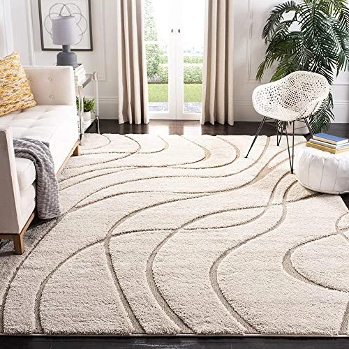 Rufruf Geometric Wave Shaggy Carpet for Living Room, Bedroom, High Low Design Finish Microfiber 1.5 Inch Pile High, 8x10 Feet Ivory|Beige Color