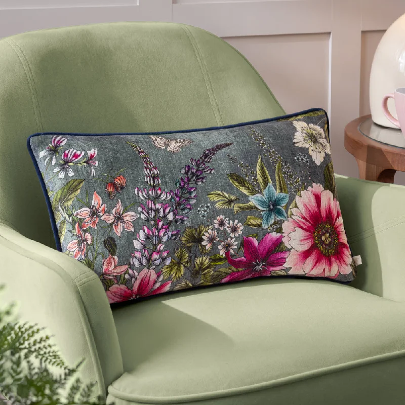 Hidcote Manor Evelyn Floral Cushion Petrol