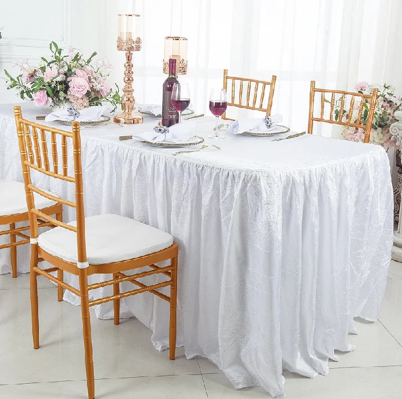 8 Ft Rectangular Ruffled Fitted Crushed Taffeta Tablecloth With Skirt - White (1pc)