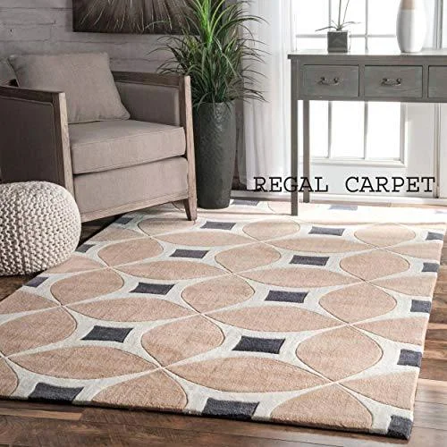 Regal Carpet Embossed Carved Handmade Tuffted Pure Woollen Thick Geometrical Carpet for Living Room Bedroom Size 4 x 6 feet (120X180 cm) Beige & White Multi