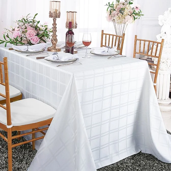 90"x132" Seamless Rectangular Plaid Jacquard Polyester (220 GSM) Tablecloth - White (1pc)