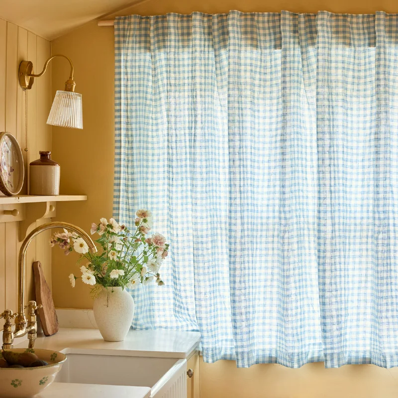 Warm Blue Gingham Linen Blend Curtains (Pair)