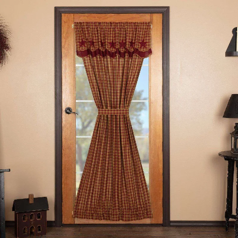 Burgundy Star Door Panel with Attached Scalloped Layered Valance 72"x40"