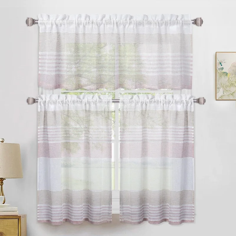 Stripe Voile Sheer Kitchen Tier Curtains or Vlances