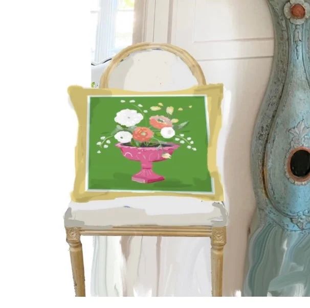 Dana Gibson Cora in Pink Urn Pillow on Green