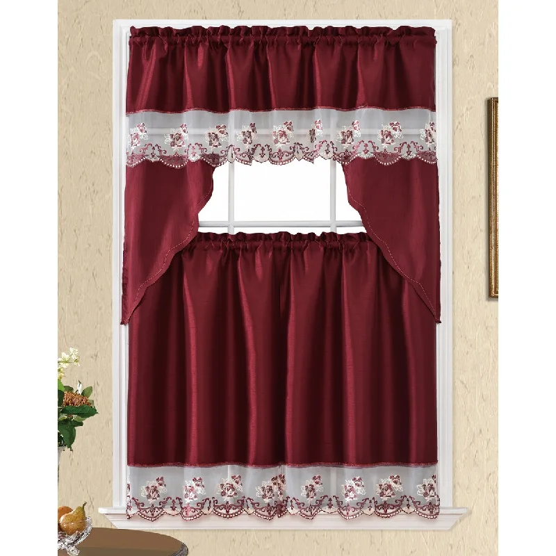 Nicolett Solid Embroidered 3-Piece Kitchen Valance and Tier Curtain Set - (1x) 60 x 36-inch / (2x) 30 x 36-inch