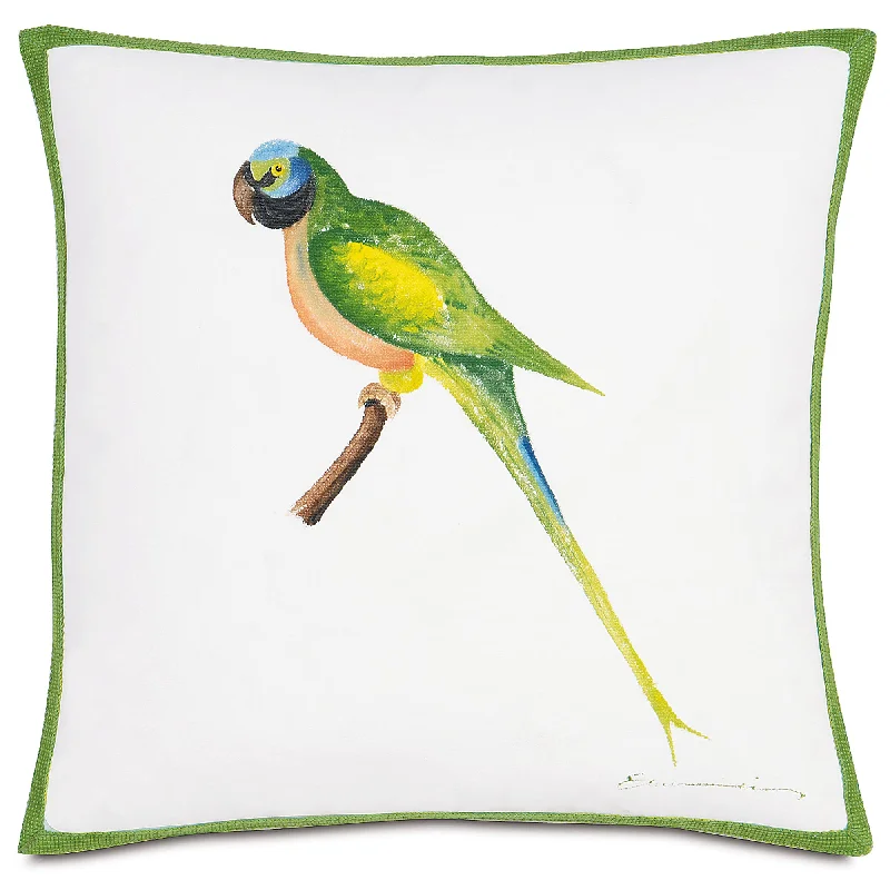 Hand Painted Green Parrot Outdoor Throw Cover 18x18