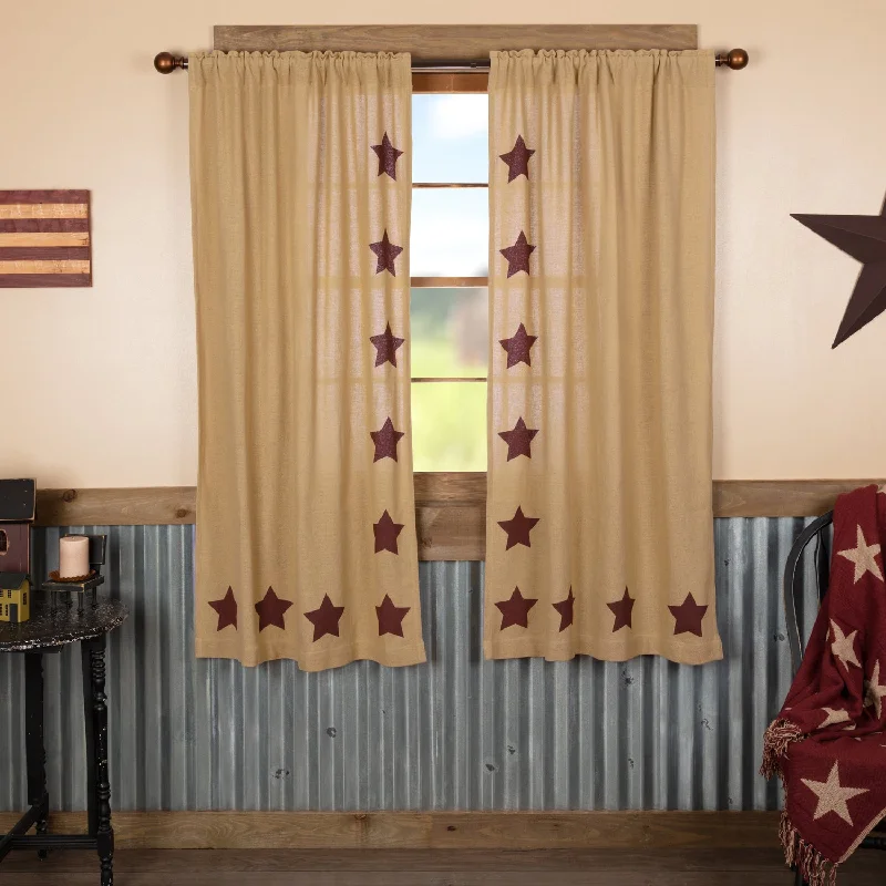 Burlap w/Burgundy Stencil Stars Short Panel Country Curtain Set of 2 36"x63"