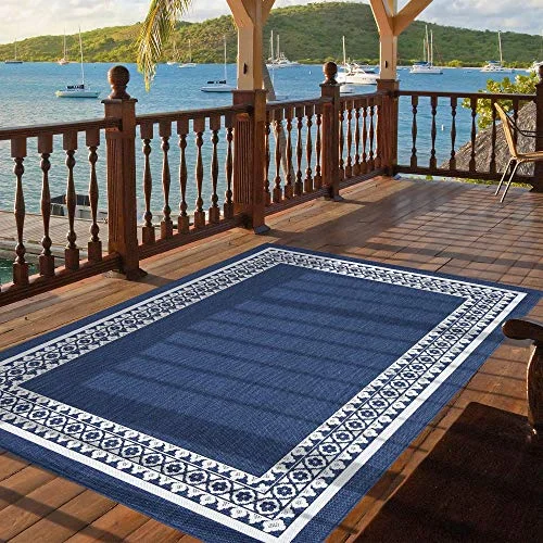 PRIYATE Florida Collection – Border Design Indoor/Outdoor Area Rug | Non-Shedding, Floor Carpet for Bedroom, Living Room, Dining Room, Kitchen Area, Patio, Deck and More – Ocean Green (5'3" X 7'6")