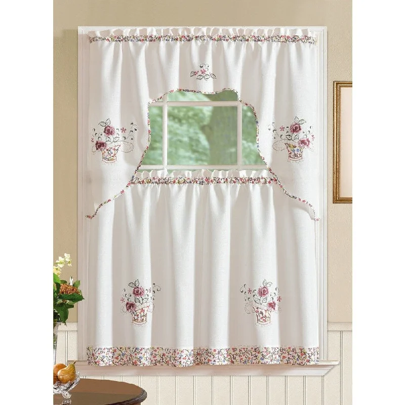 RT Designers Collection Grand Rose Embroidered Kitchen Curtain Tier Set