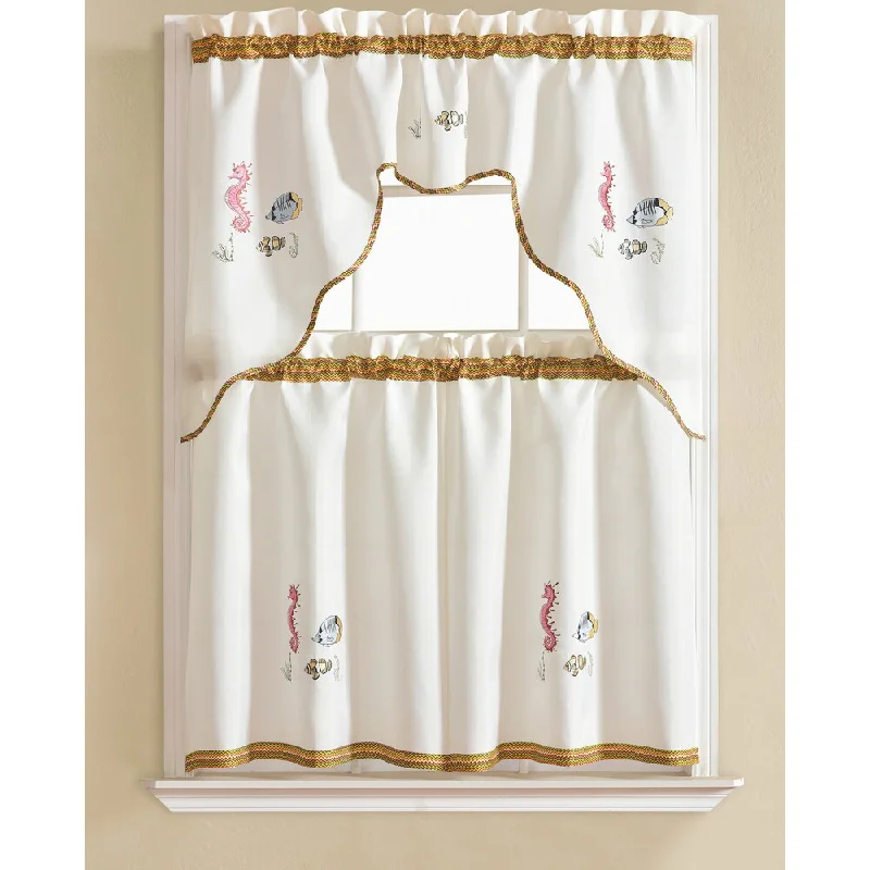 RT Designers Collection Grand Seahorse Embroidered Kitchen Curtain Tier Set