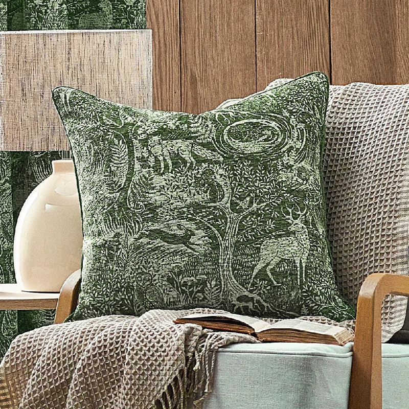 Winter Woods Animal Chenille Cushion Emerald