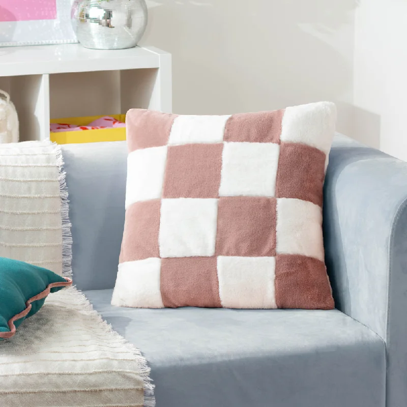 Cozee Check Faux Fur Cushion Pink