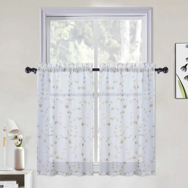 Floral Embroidered Voile Sheer Kitchen Tier Curtains - Tiers|52" x 24"