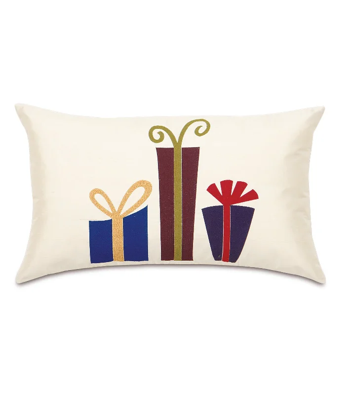 Hand-Painted Wrapped Presents on Ivory Silk Lumbar Pillow Cover 13x22