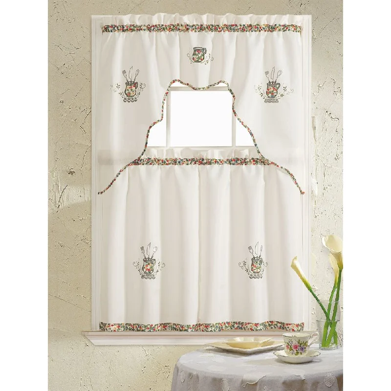 RT Designers Collection Grand Silver Embroidered Kitchen Curtain Tier Set