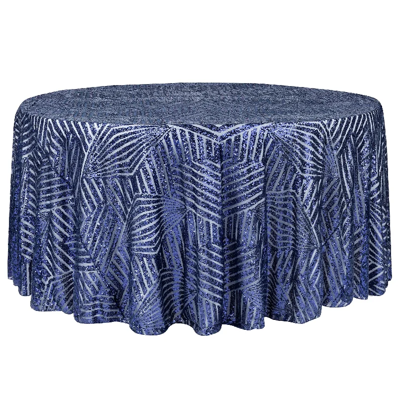 Geometric Glitz Art Deco Sequin Tablecloth 132" Round - Navy Blue