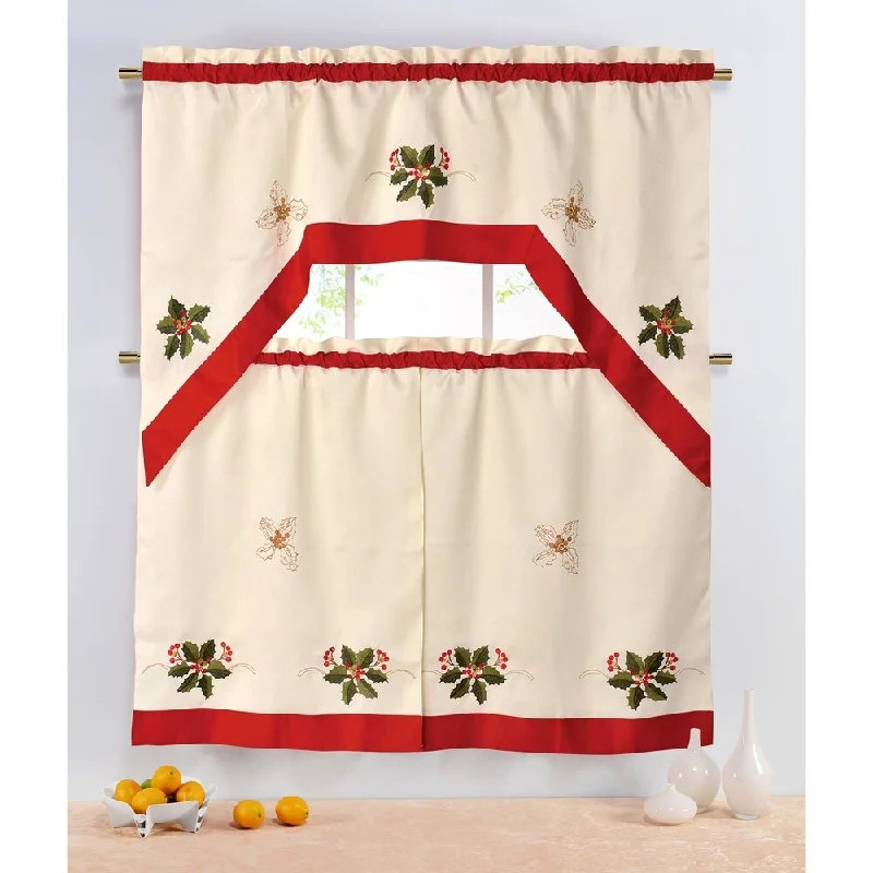 Holiday Holly Berries Embroidered Sheer 3-Piece Kitchen Tier Set - 60 x 72 - 60 x 72