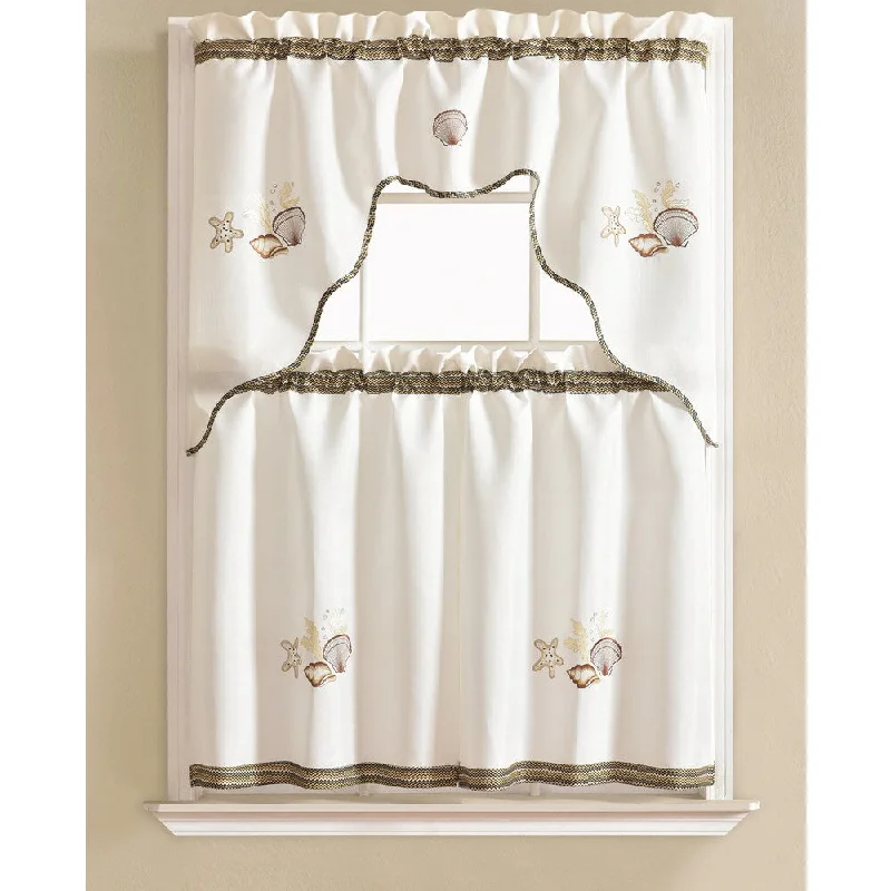 RT Designers Collection Grand Shell Embroidered Kitchen Curtain Tier Set