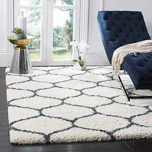 SWEET HOMES Carpet. Ultra Soft Shag Collection Handwoven Anti-Skid, Ogee Plush Area Rug, Size 5x7, feet Color, Ivory/Teal Bluee